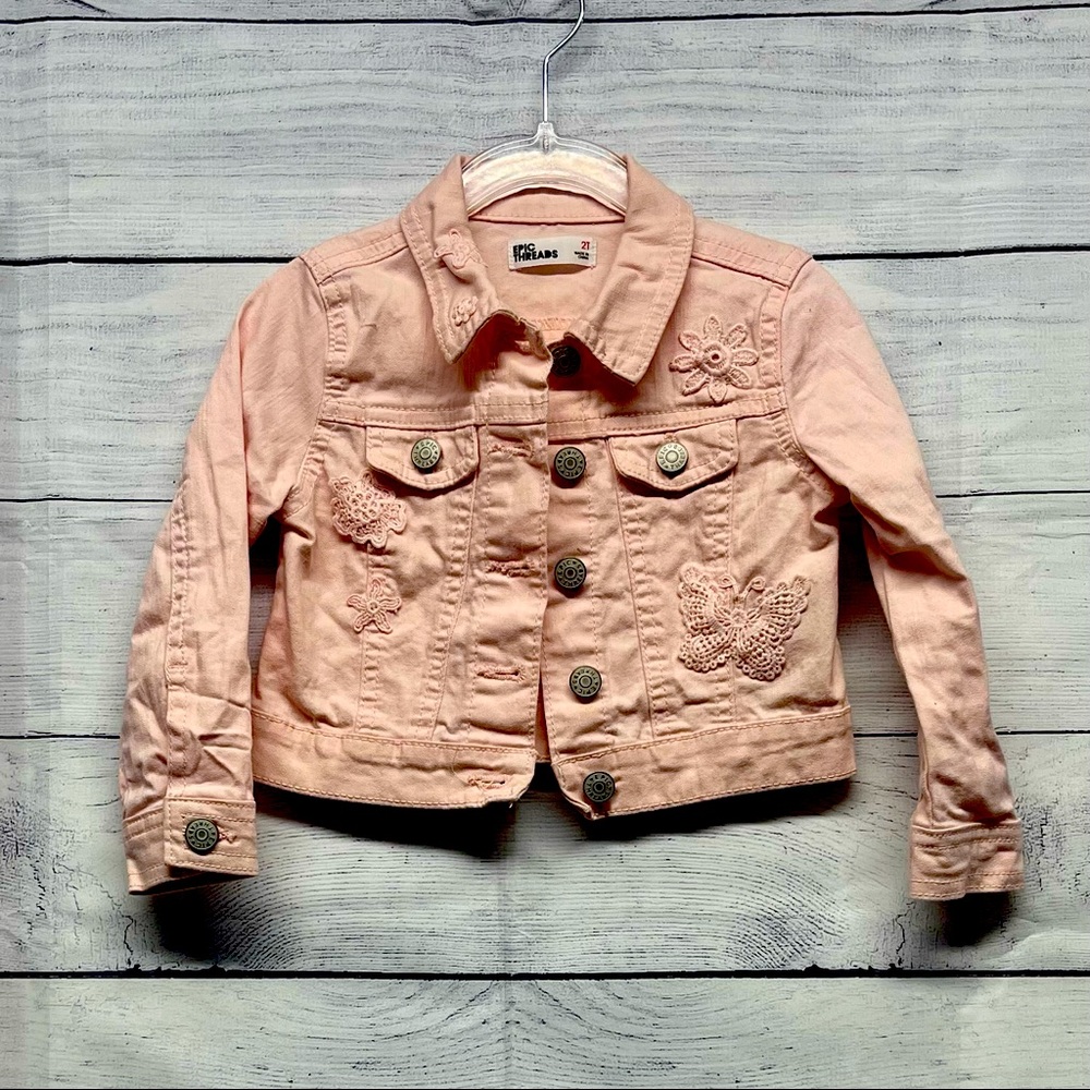 Epic Threads Girl's Pastel Pink Embroidered Floral Denim Jacket Size 2t